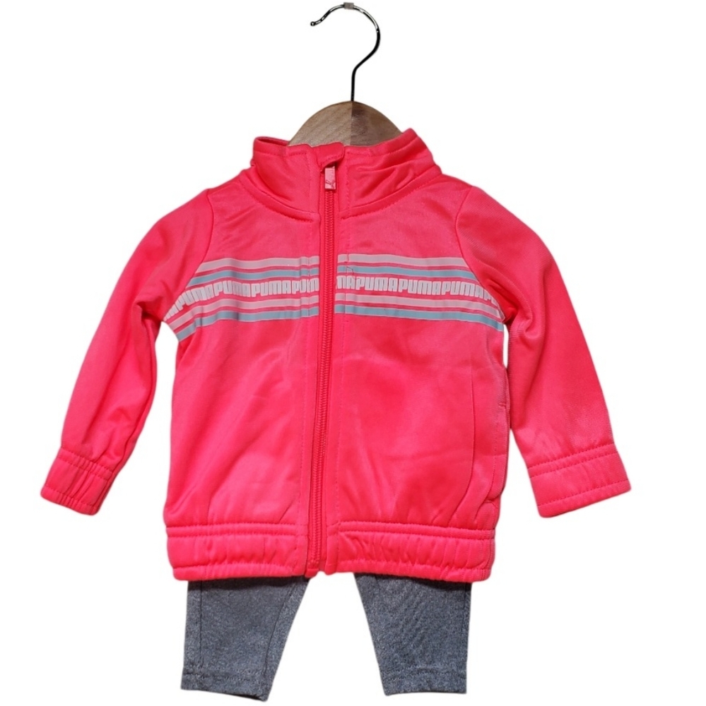 Puma Bright Pink Top w Gray Bottoms Baby Girl Active Pants Set Size 0-3